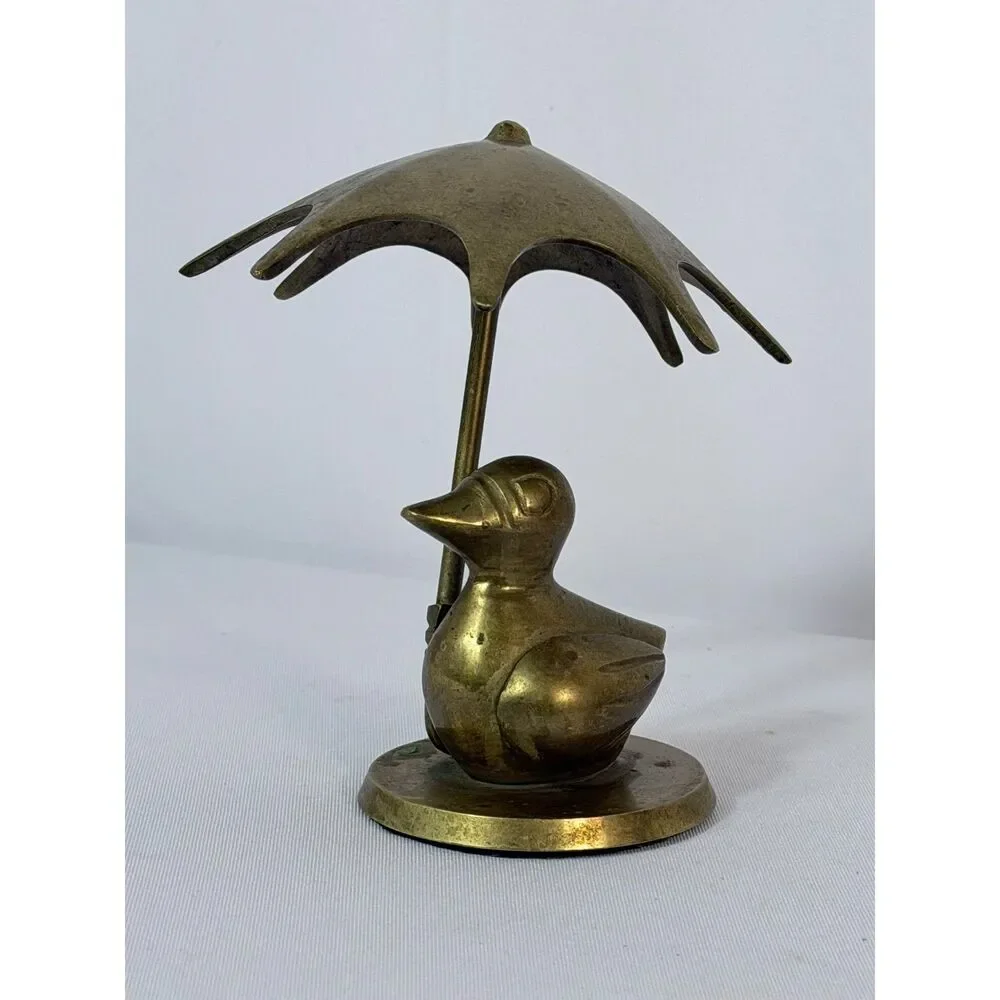 Vintage Brass Rubber Duck Holding Umbrella India Decor Mid Century Decor 5